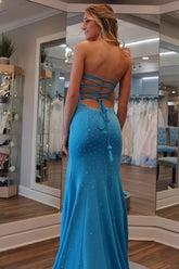 Glitter Blue Sweetheart Beaded Mermaid Long Prom Dress with Slit